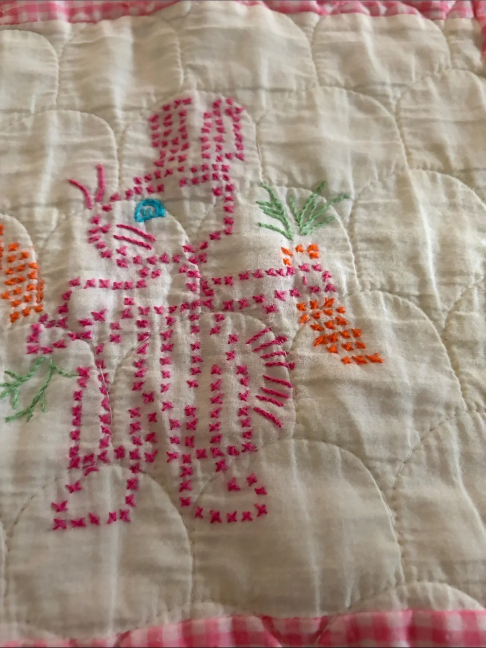 Pink and White Embroidered Baby Quilt - Cute Animal Patchwork handmade vintage